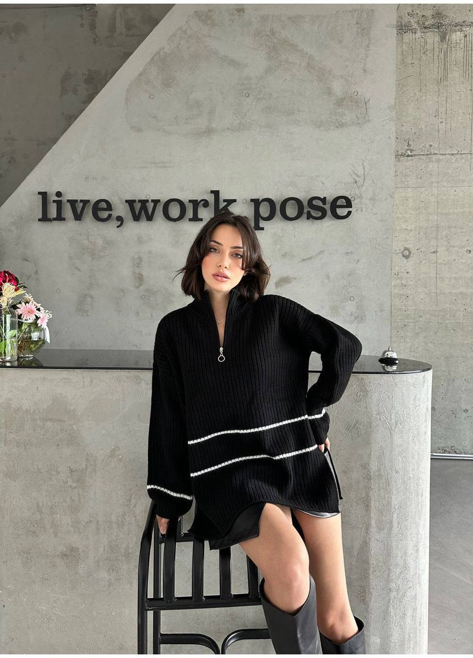 Черный женский удлинённый свитер на молнии No Brand Б1466-061/1