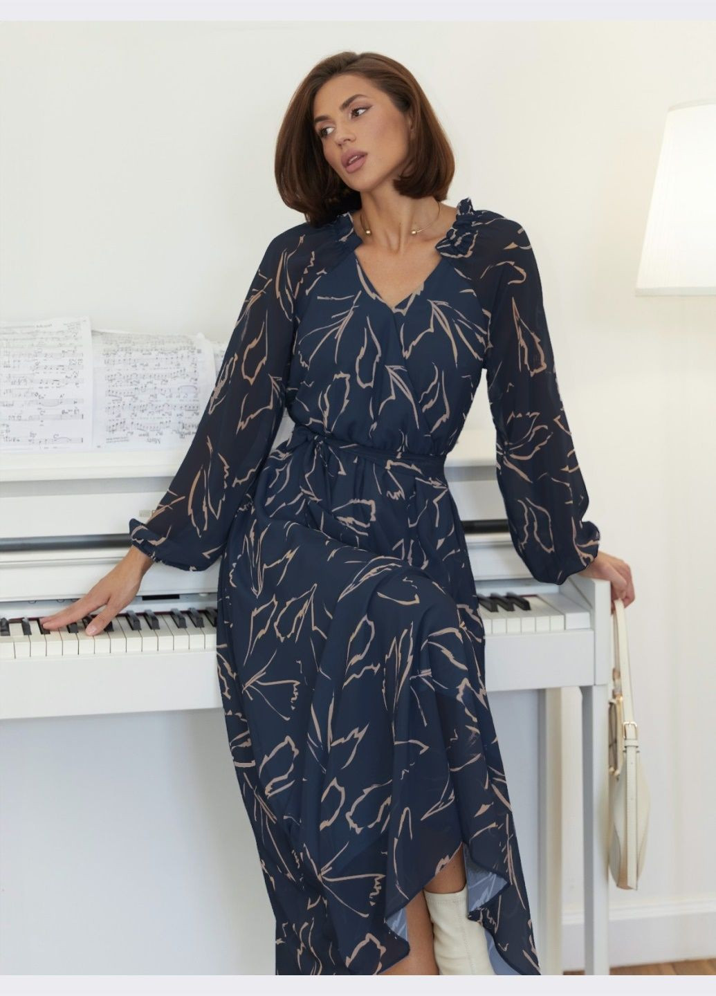 Синя святковий шифонова сукня-кльош з принтом синя кльош Dressa