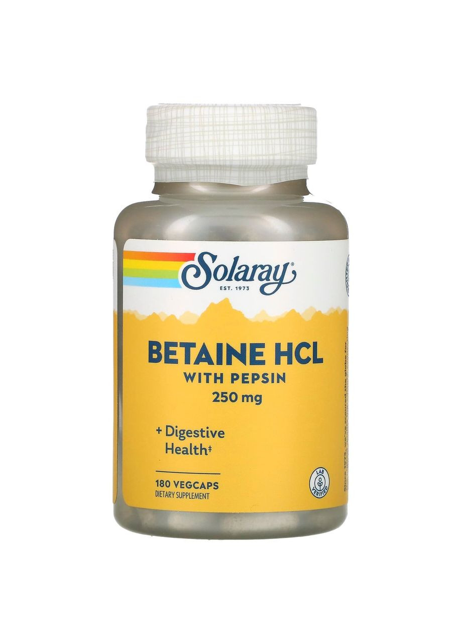 Бетаин гидрохлорид 250 мг с пепсином и листьями папайи Betaine HCL with Pepsin 180 капсул Solaray (268471388)