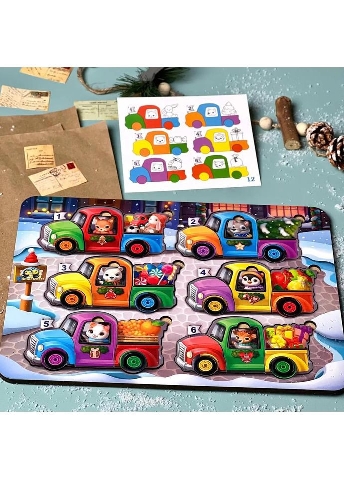 Дерев'яна гра з картками "Тварини на машинках" (ПСФ132) PSF132, 42 деталі та 12 карт Ubumblebees (371357585)