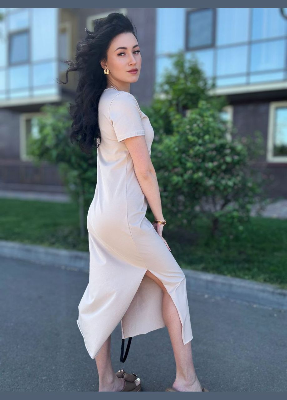 Бежевое повседневный, кэжуал платье-футболка женское Україна однотонное