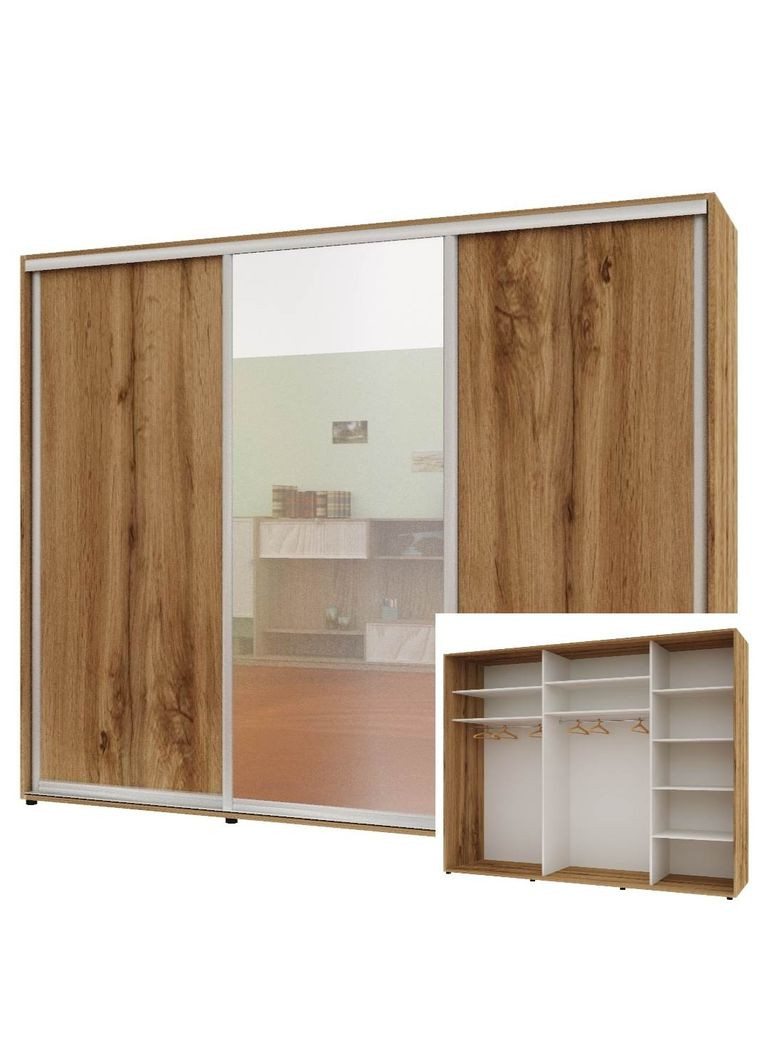 Шафа-купе тридверна 270*60*210 см Дуб золотий ДСП + Дзеркало + ДСП Стандарт Комфорт Меблі (360435843)