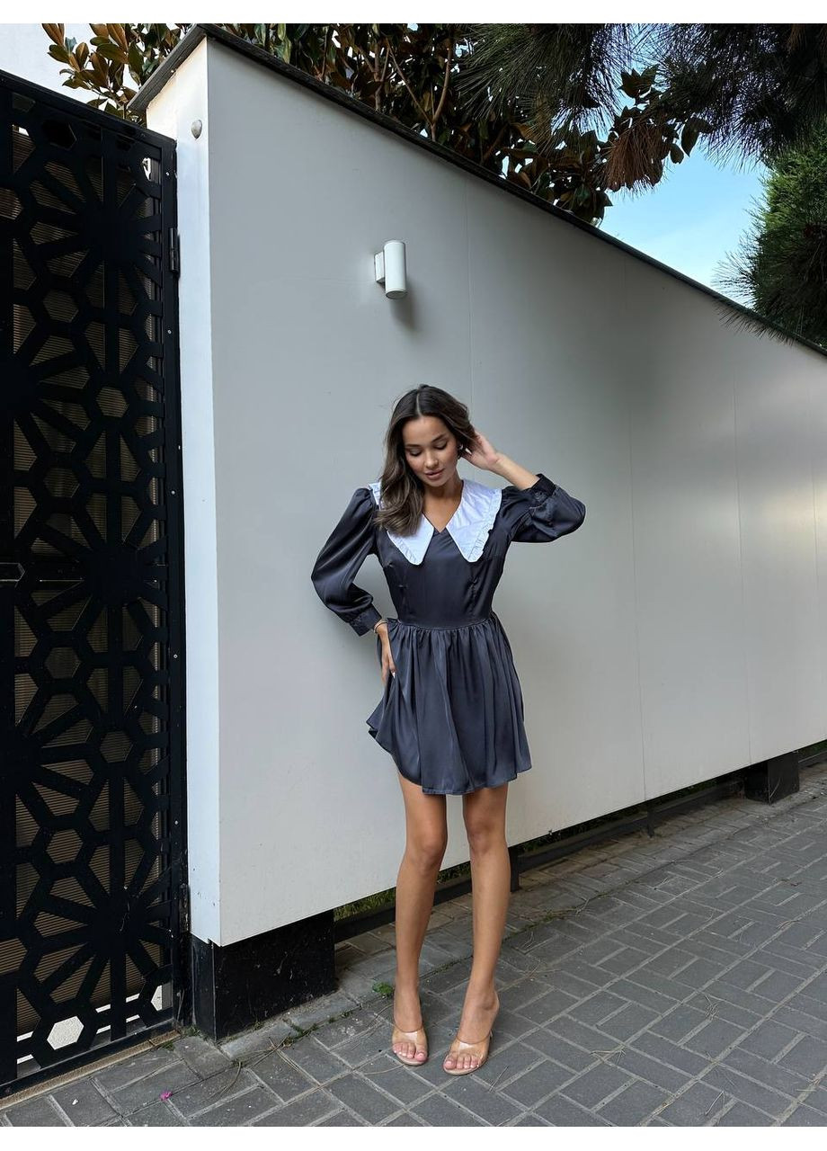 Графитовое коктейльное элегантное мини-платье с акцентным воротником с пышной юбкой Україна однотонное