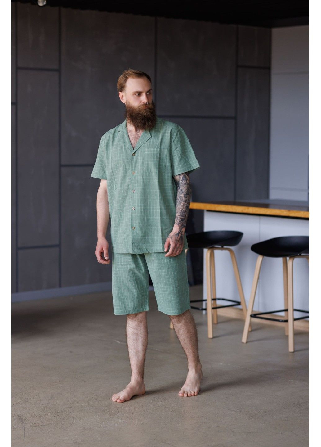 Пижама мужская в клетку вареный хлопок HOMELY SHORT с шортами зеленая Handy Wear (337715536)