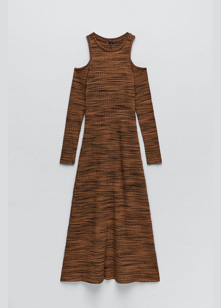 Коричневое повседневный, кэжуал платье миди карамельное открытые плечи Zara
