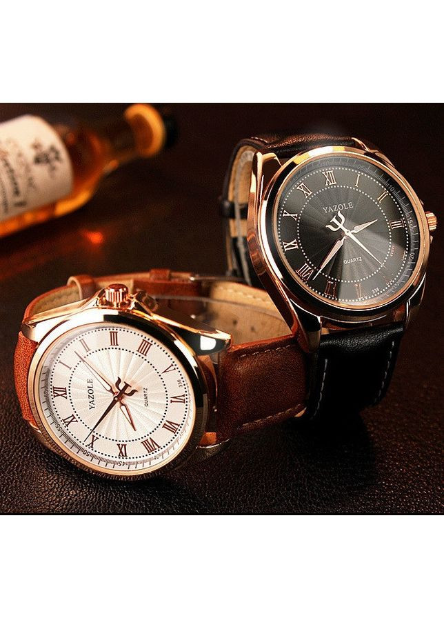 Класичний чоловічий наручний кварцовий годинник з білим циферблатом і коричневим ремінцем золотого кольору (sku_156) No Brand (350906482)