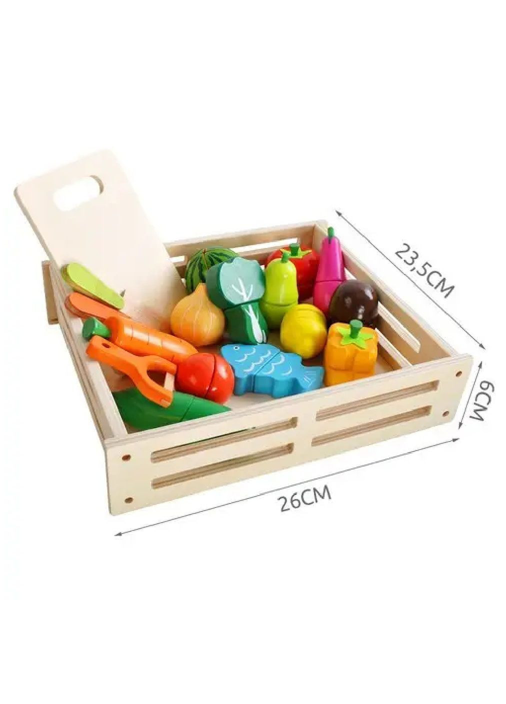 Дитячий дерев'яний комплект набір овочів фруктів для нарізування в ящику коробці 34 елементи 23,5х26х6 см (476856-Prob) Unbranded (291984585)