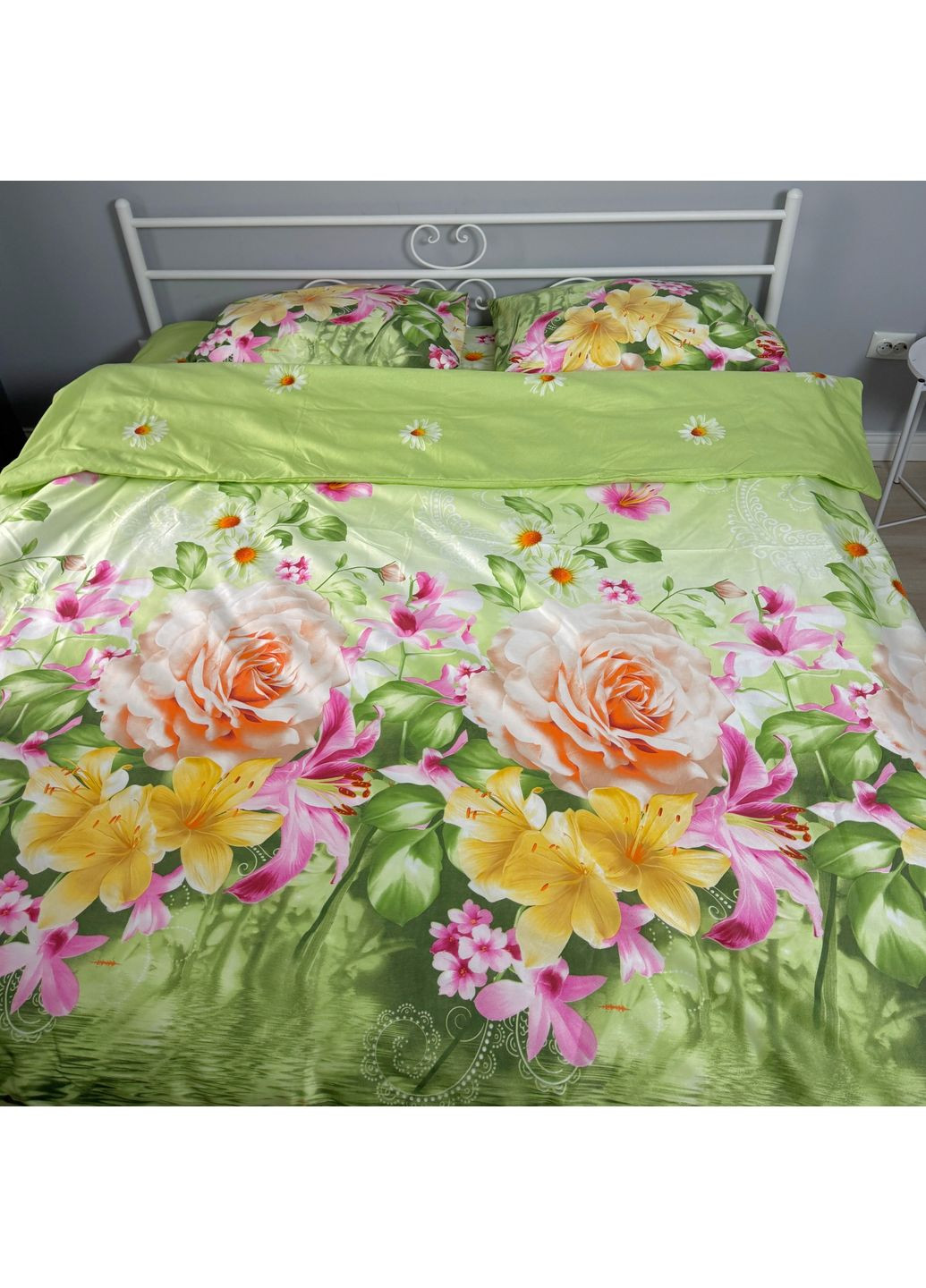 Комплект постельного белья двухспальный светло-зеленый в цветы Бязь Полиэстер 85801 Ananasko (366959307)