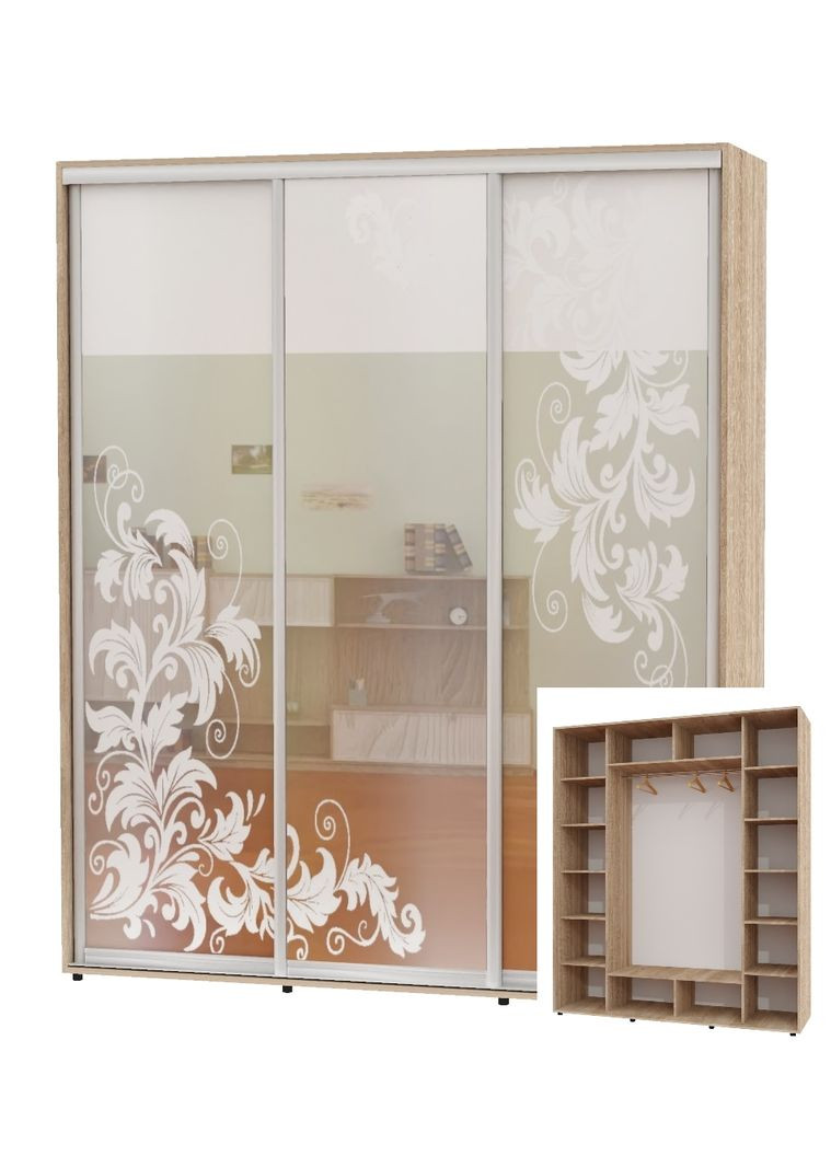 Шкаф-купе трехдверный 200*60*240 Дуб Сонома Зеркало с пескоструйным рисунком ШК-05 Алекса (360478031)