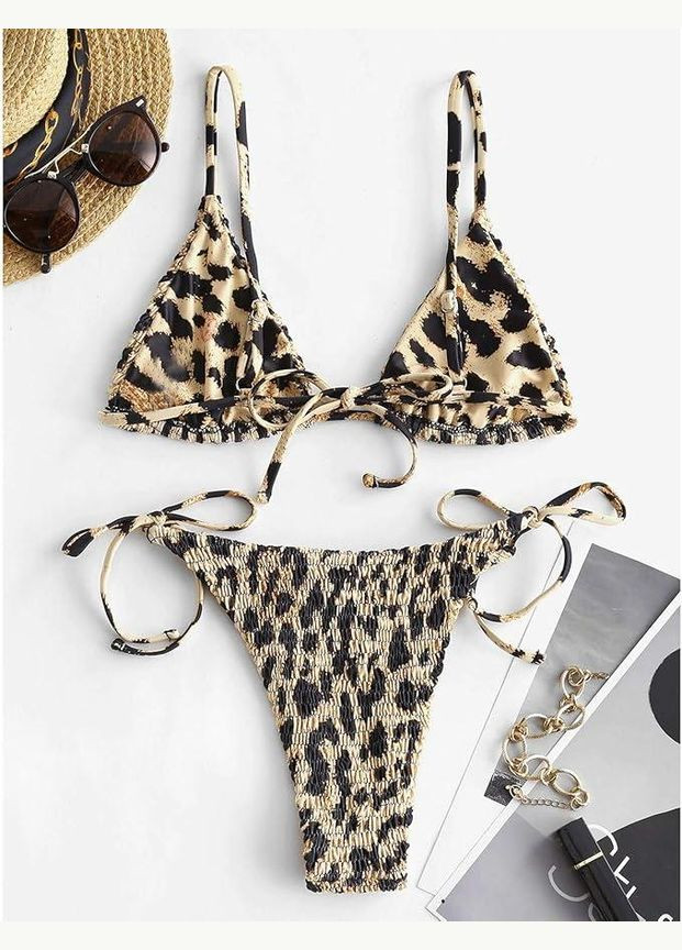 Комбінований демісезонний жіночий роздільний купальник бікіні zaful, двійка з леопардовим принтом на зав’язках м/10/38 відкритий, тренд No Brand