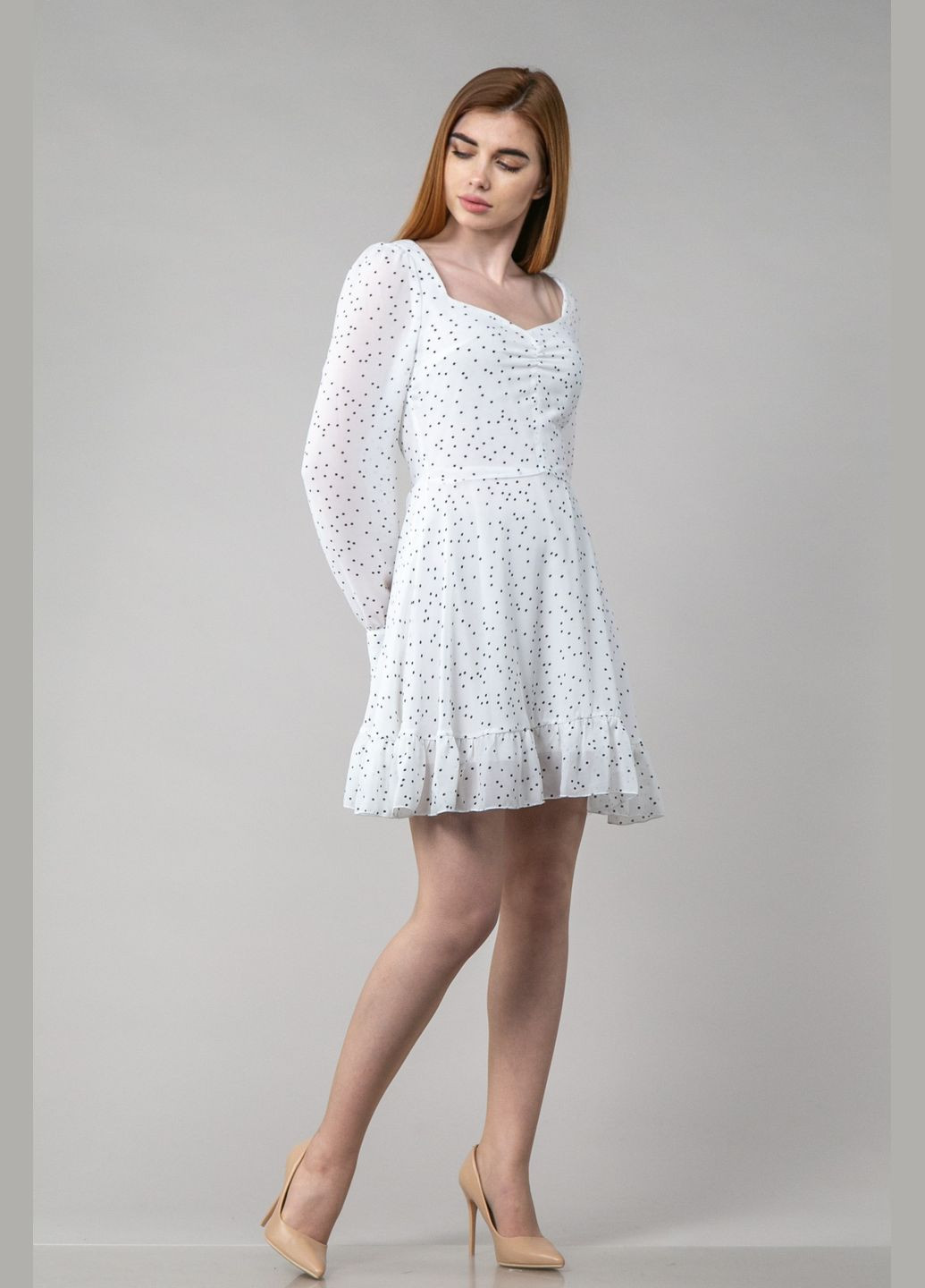Белое повседневный, праздничный, кэжуал платье мини в точку с манжетами CHICLY в горошек