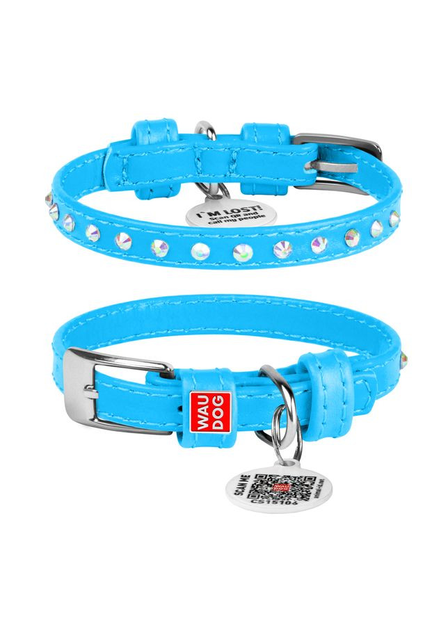 Нашийник для собак шкіряний Glamour з QR паспортом, з клейовими стразами, Ш 9 мм, Дов 18-21 см блакитний WAUDOG (322001780)