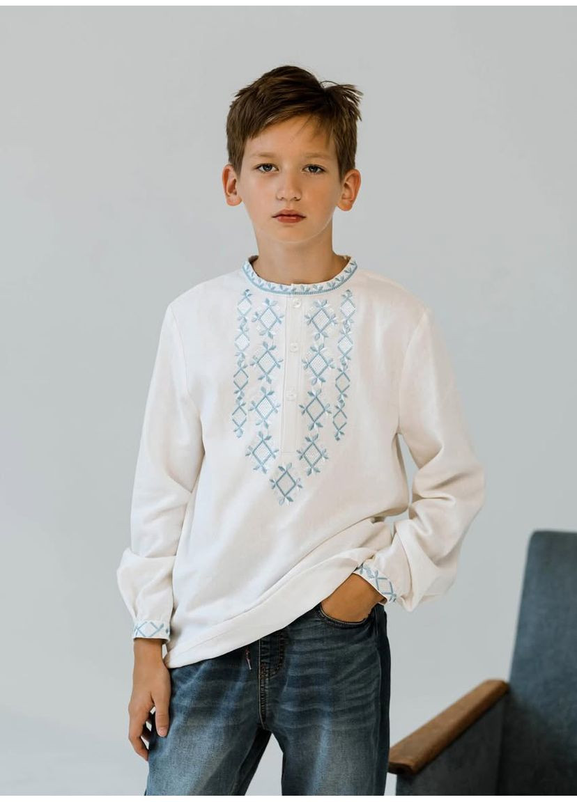 Біла вишиванка для хлопчика київщина з блакитною вишивкою Kashtanchik льон (366213526)
