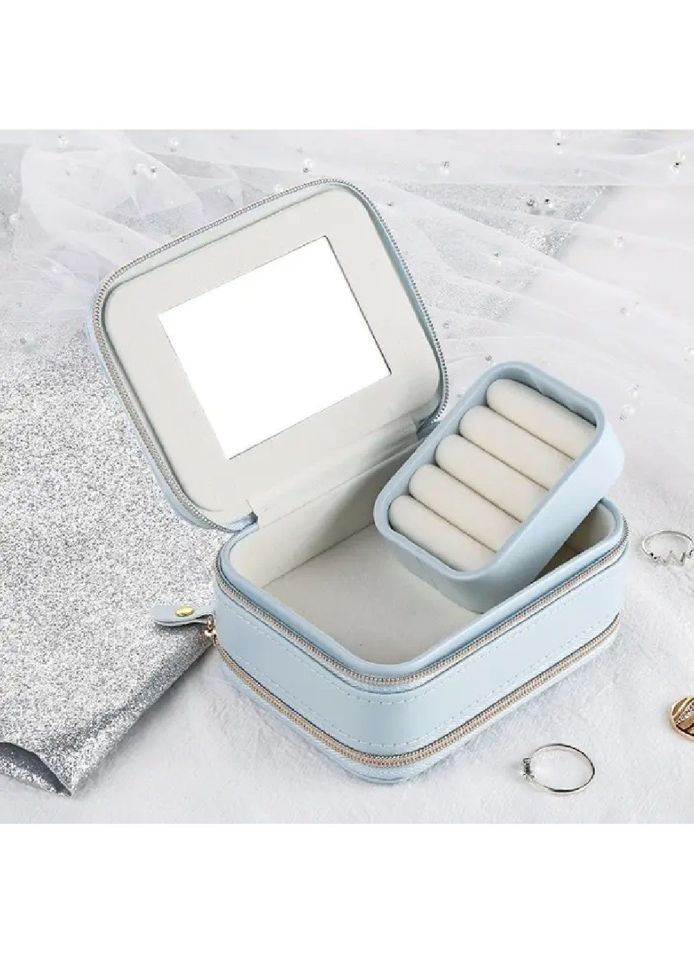 Шкатулка футляр короб бокс для хранения украшений драгоценностей с зеркальцем экокожа 12х5х8.5 см (479203-Prob) Голубая Unbranded (316173213)