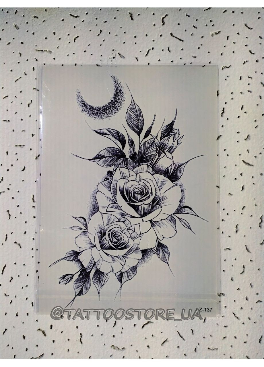 Тимчасове тату Чорні троянди 21х15 см, Fine Line, контурні (LZ137) Tattoo (366891036)