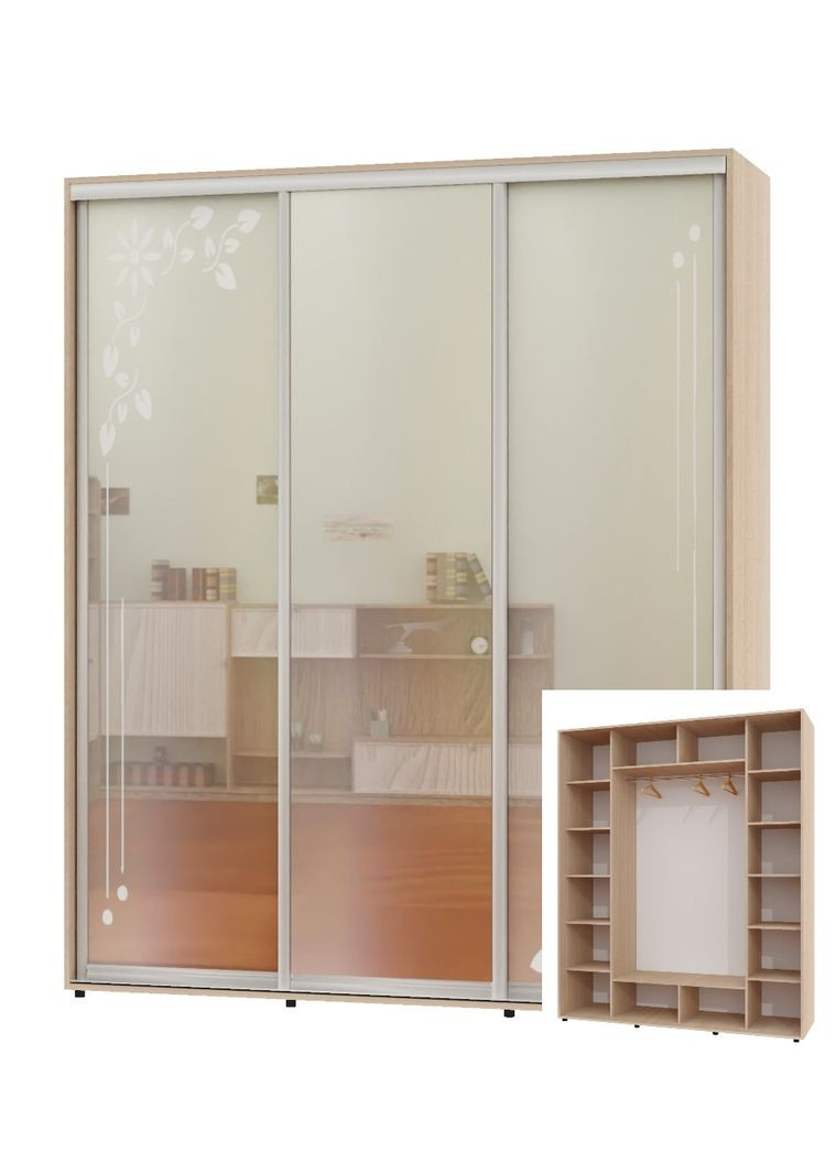 Шафа-купе тридверна 200*60*230 Дуб молочний 2 Дзеркала з піскострумним малюнком/Дзеркало ШК-05 Алекса (360478939)