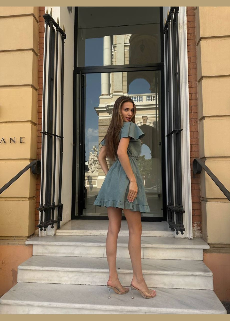 Оливкова повсякденний льняний сарафан на запах на запах Adelante однотонна