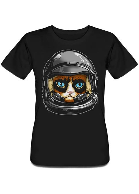 Черная летняя женская футболка grumpy cat astronaut (чёрная) Fat Cat
