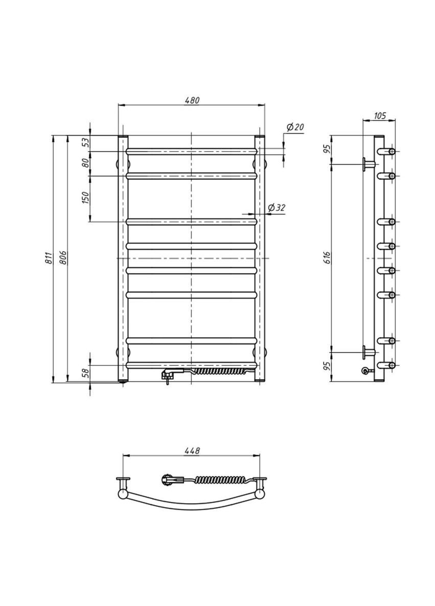 Полотенцесушитель электрический Камелия, 800х480х105мм, кнопка, сталь, белый, правое подключение Navin (360398078)
