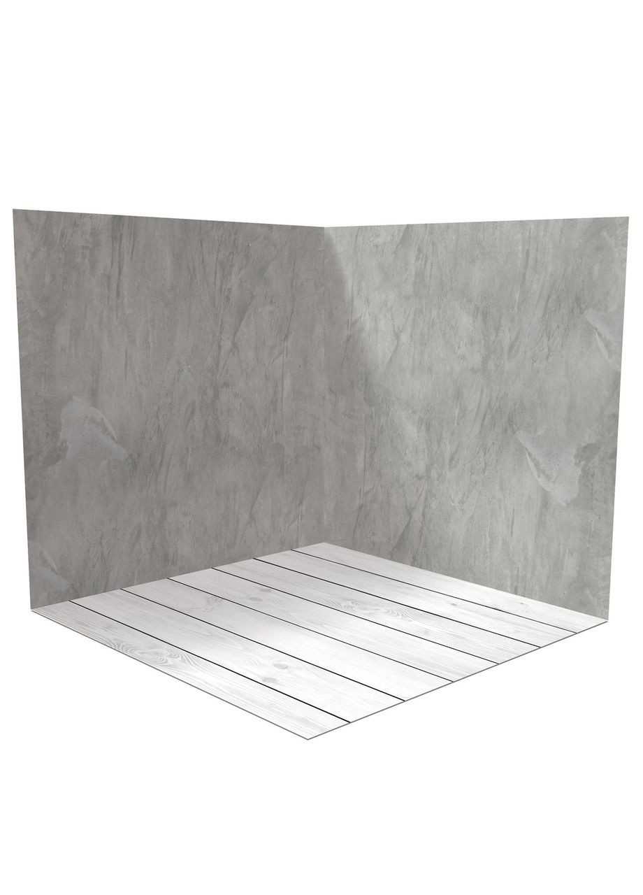 Кутовий вініловий фотофон 3D, холодна сіра текстурна стіна, бетонна плитка і біле дерево, 50×50 см, №58146 PhotoVinyl (354373076)