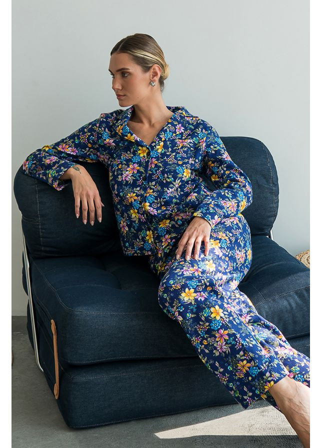 Синя всесезон піжамний фланелевий костюм з брюками ester Forly