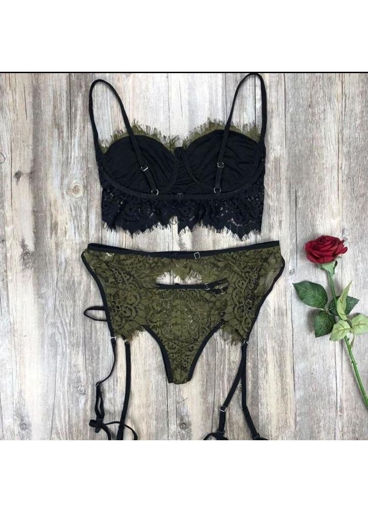 Оливковый (хаки) демисезонный сексуальный кружевной комплект с портупеей и подвязками для чулок s-m хаки No Brand
