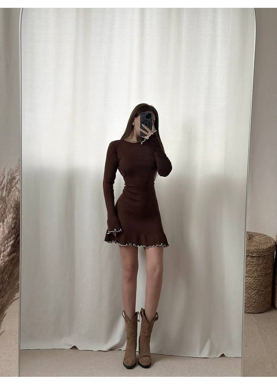 Коричневое повседневный, вечернее, деловое, кэжуал женское платье клеш No Brand однотонное