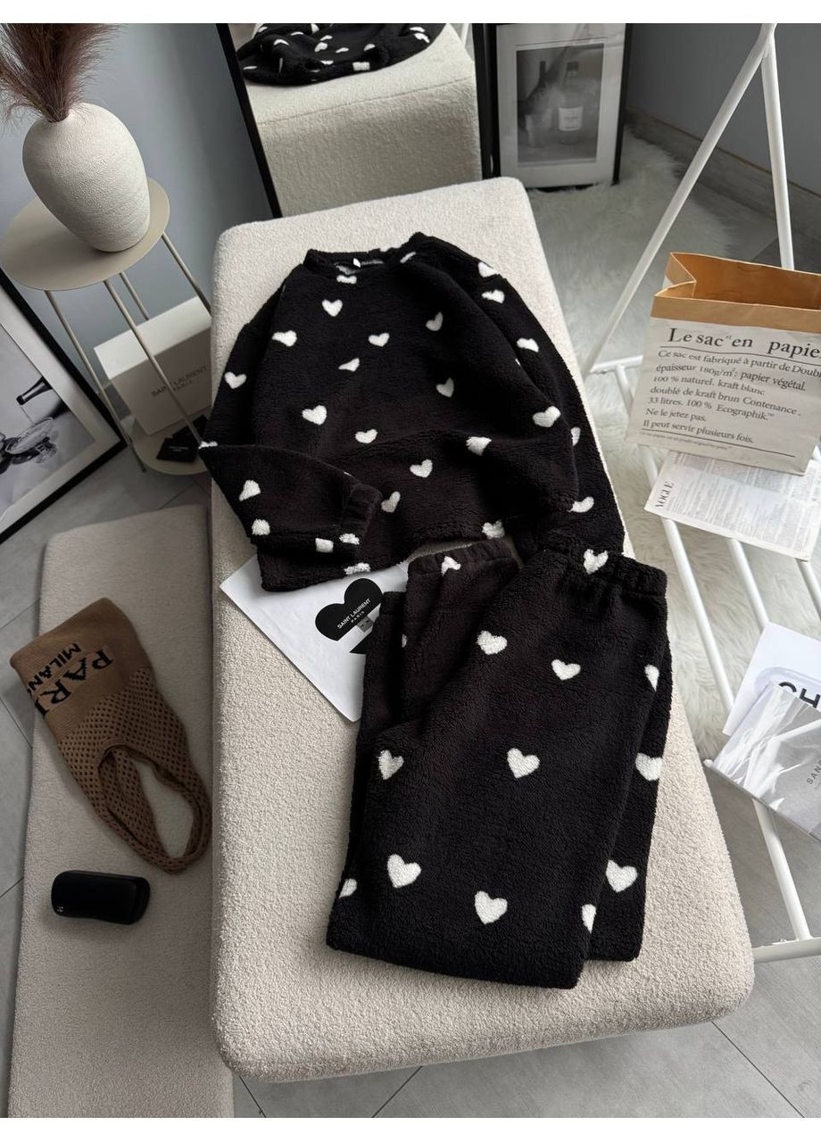 Черная зимняя женская махровая пижама с принтом сердечек. свитшот + брюки MonCher