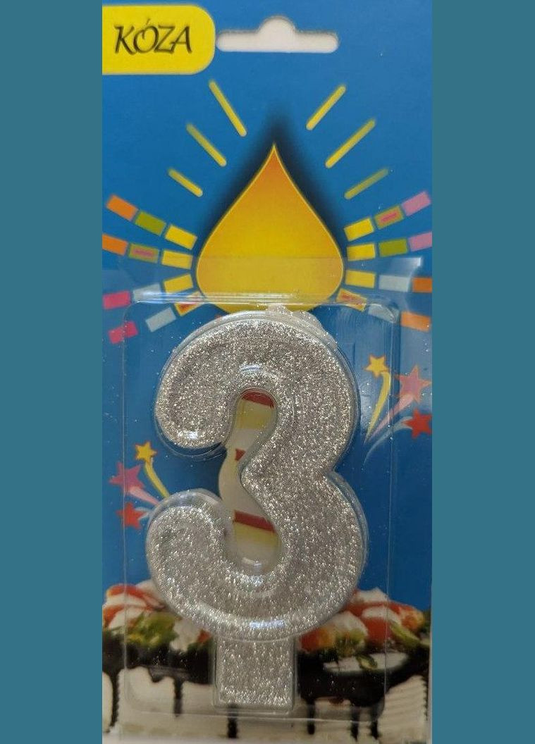 Свічка для торту Цифра 3 срібло KOZA Style (322167966)