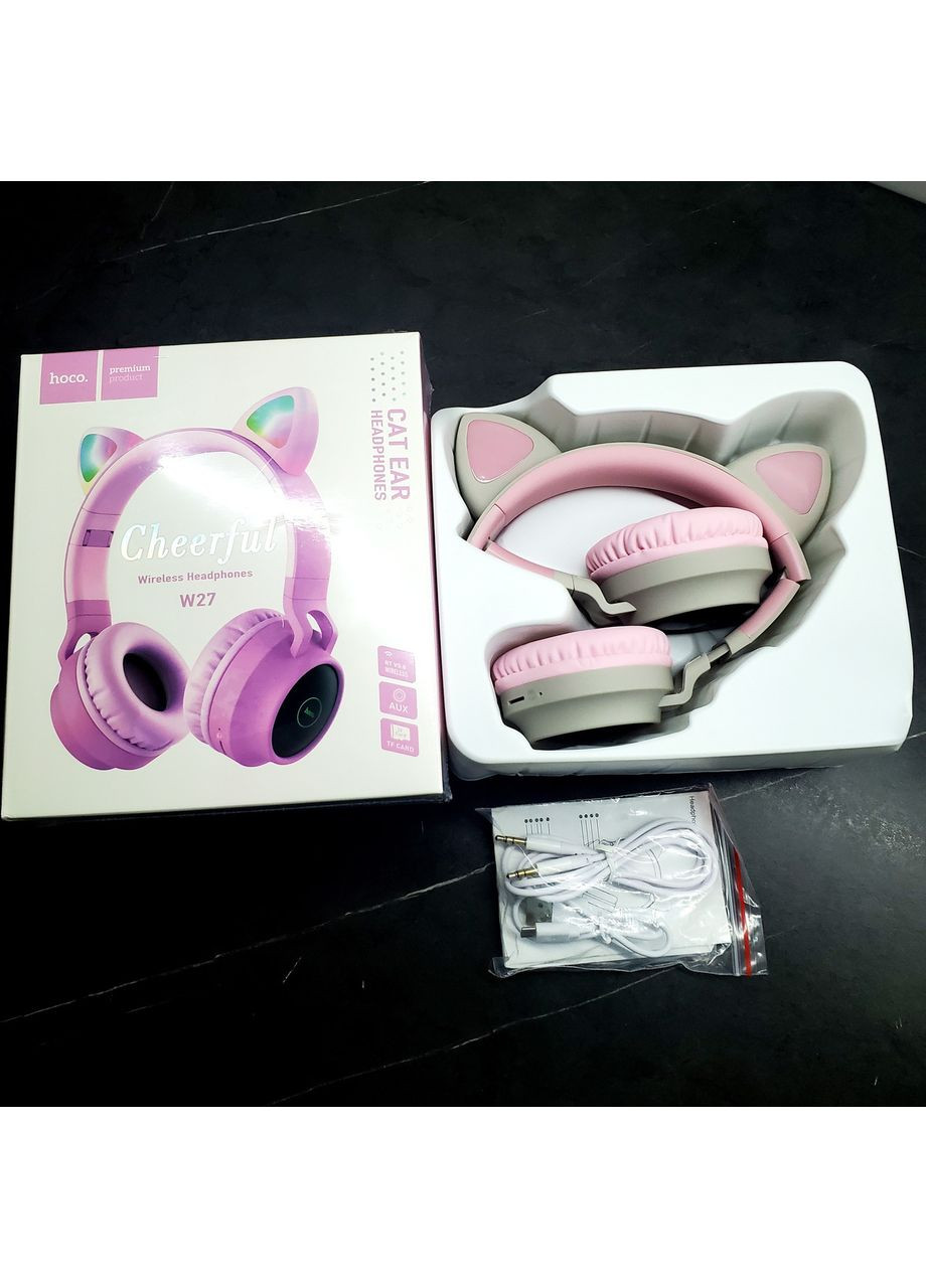 Бездротові Bluetooth-навушники котячі вушка Навушники W27 Cat ear headphones з мікрофоном сіро-рожеві Hoco (353497636)