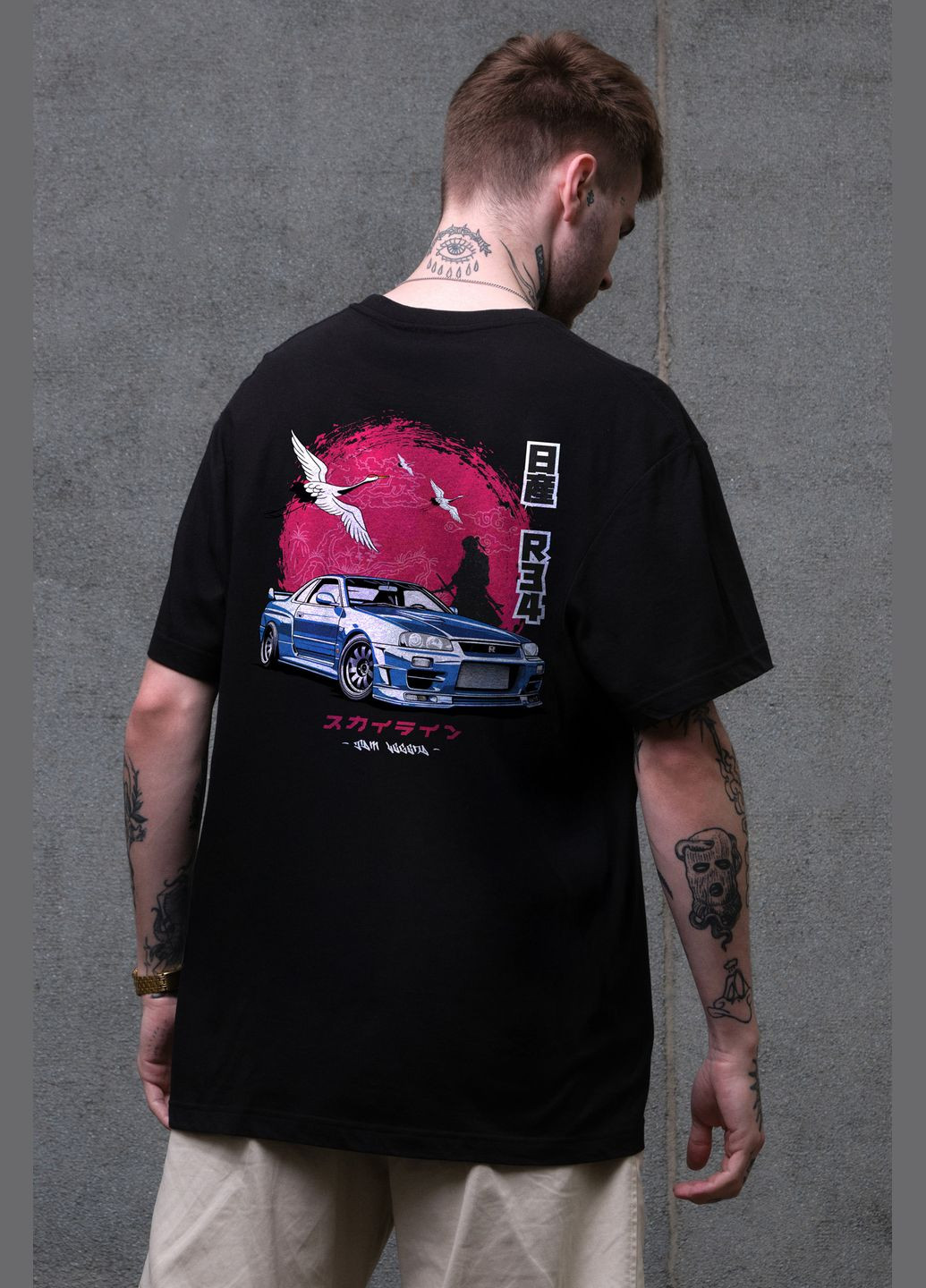 Черная мужская оверсайз футболка с принтом skyline с длинным рукавом Without