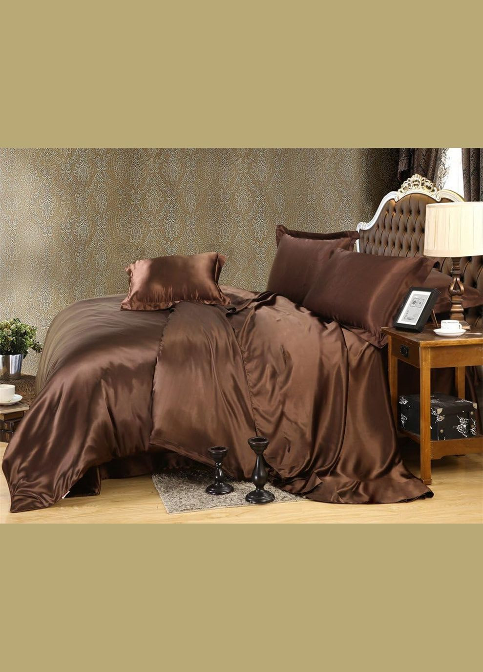 Атласное Шоколадное Полуторное постельное белье 150*210 GLOBAL.P (298289204)