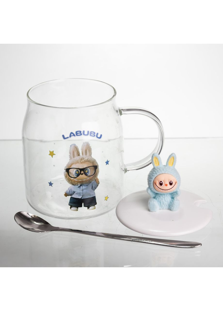 Стеклянная чашка Labubu 600 мл с ложкой и фарфоровой крышкой, голубая FM-56D (A-047552) Yiwu (370381819)