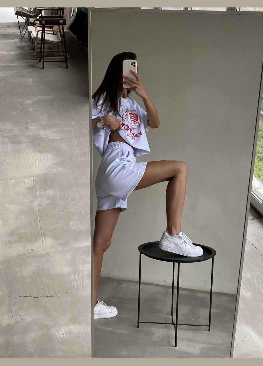 Красивый повседневный белый костюм двойка (футболка+шорты) из двухнитки-петля, комфортный повседневный костюм 2-ка с принтом No Brand 538-2 (291622345)