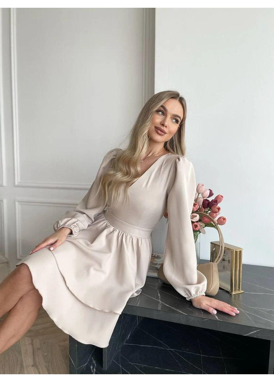 Бежева класична сукня міні з подвійною спідницею Fashion