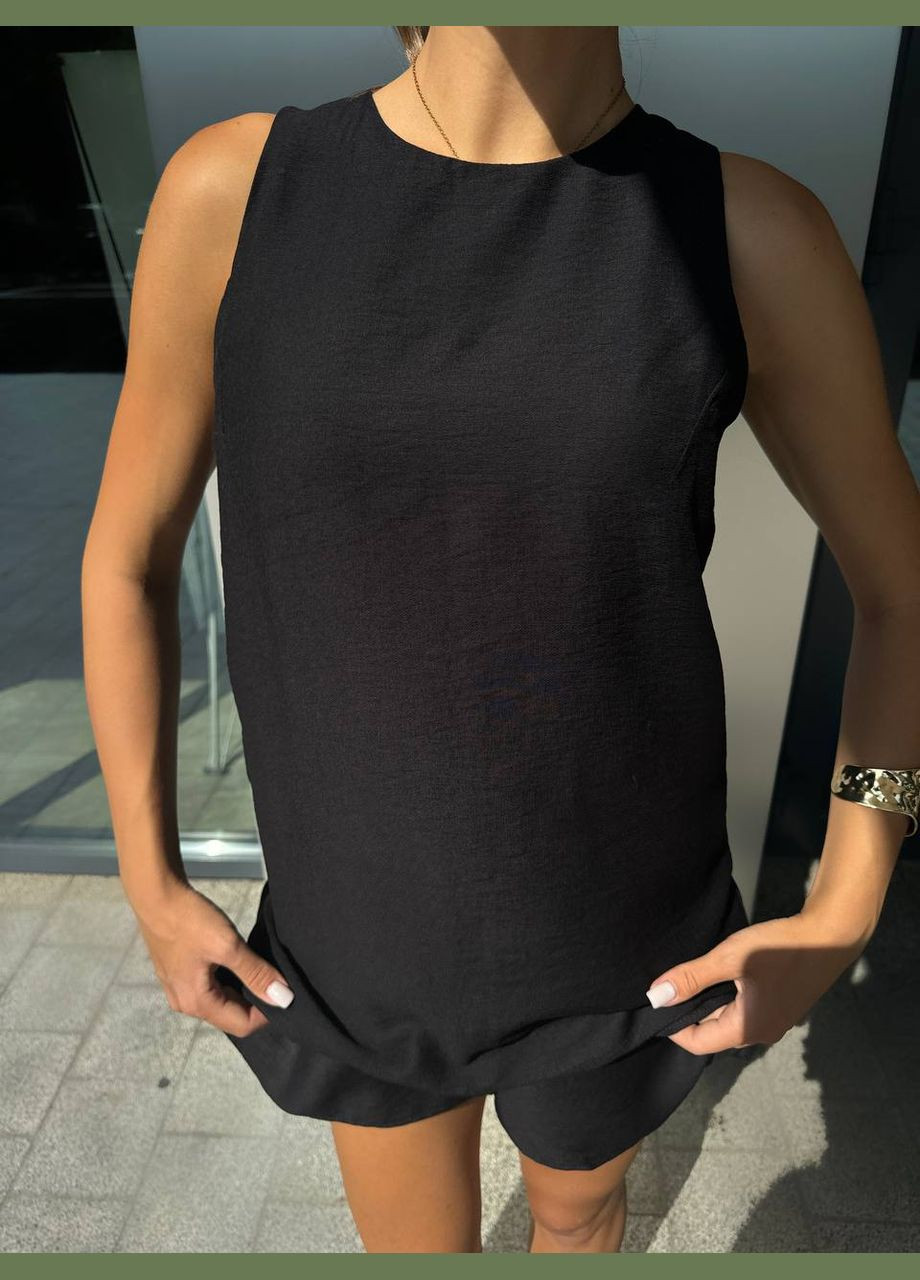 Чорна кежуал жіноча сукня ромпер з льону довжини міні MonCher