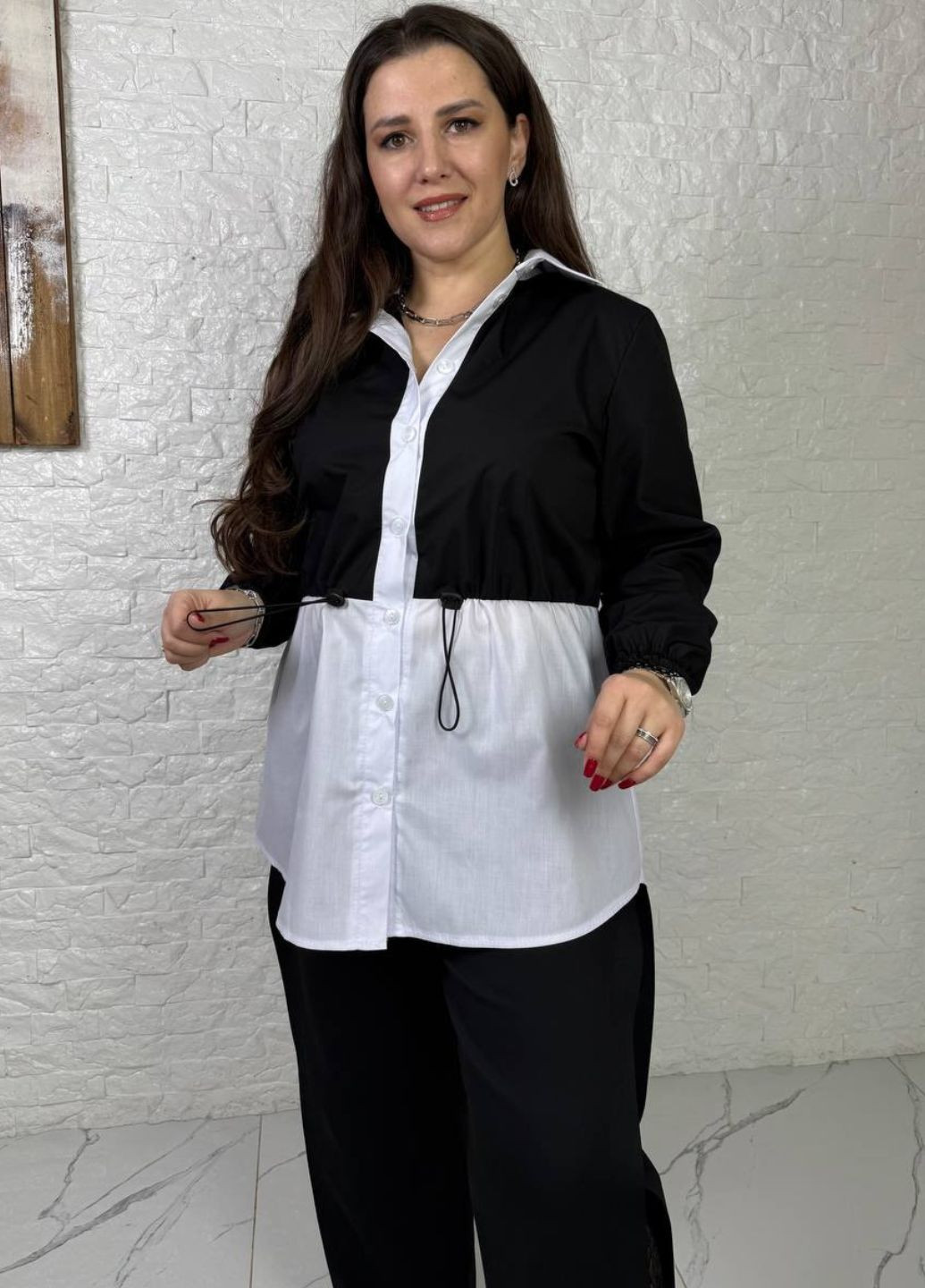 Черно-белая повседневный рубашка колор блок Україна с длинным рукавом