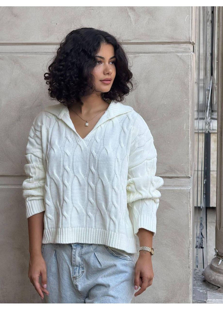 Молочный демисезонный 💥 оверсайз свитер с узором «косы» и воротничком-поло – идеальный стиль для холодного сезона! размерная сетка в описании Vione