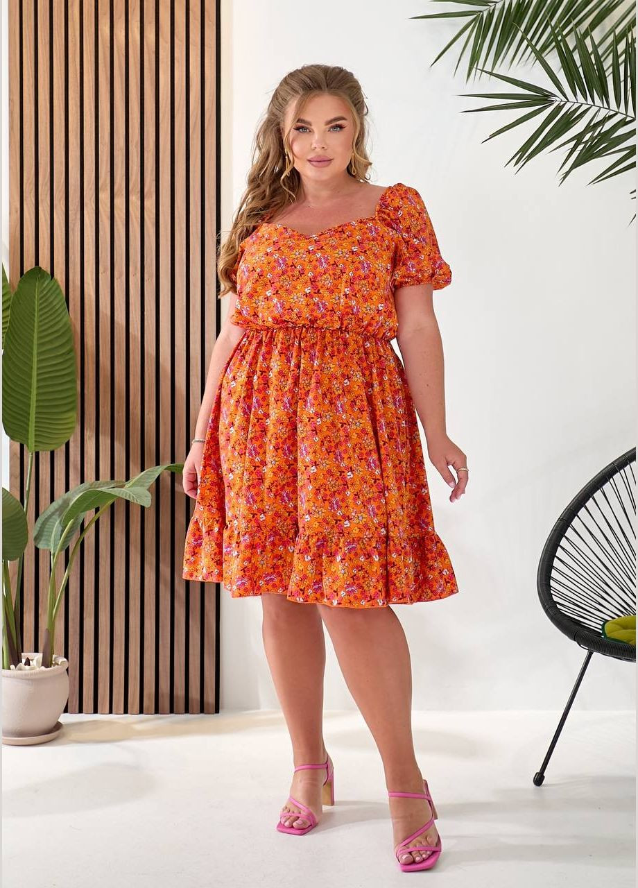 Оранжевое повседневный, кэжуал, коктейльное, вечернее женское платье клеш Україна с цветочным принтом