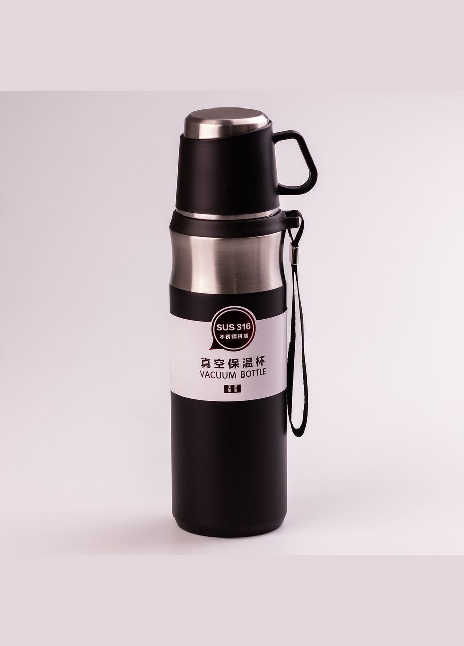 Термос з чашкою та ремінцем 600 мл з металевою колбою Чорний Happy Life (315718391)