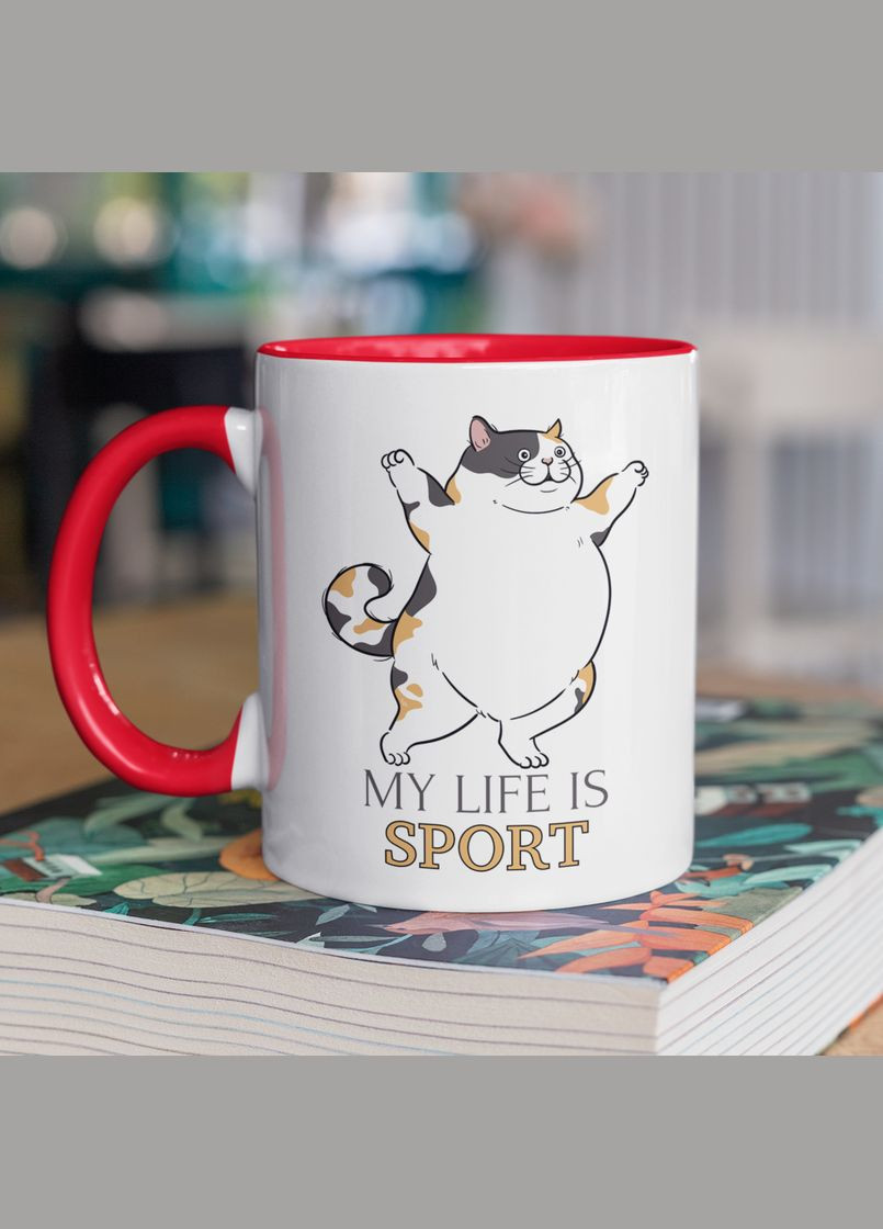 Чашка керамічна з принтом "My Life is Sport" 330 мл, біла з червоною ручкою No Brand (324262362)