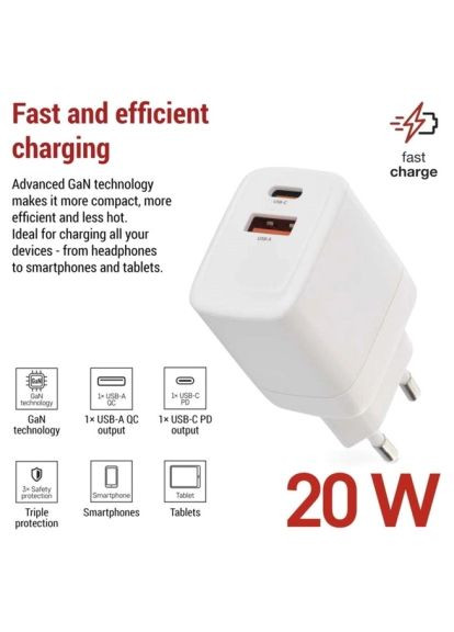 Зарядное устройство V02G20 1xUSB-A+1xUSB-C PD20W GaN (V02G20) Emos V02G20 1xUSB-A + 1xUSB-C PD20W GaN (369879092)