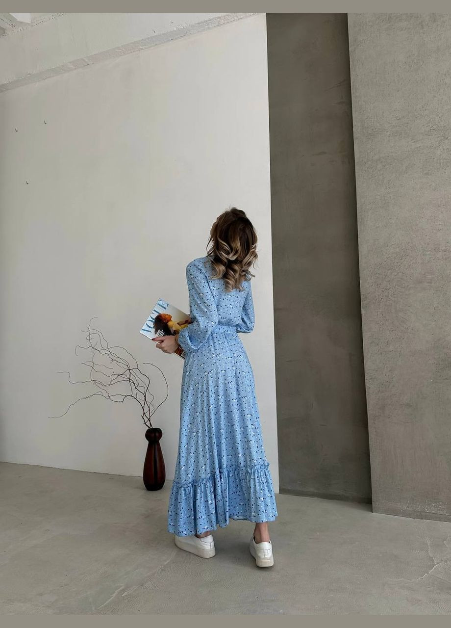Голубое кэжуал женское платье штапель No Brand с цветочным принтом