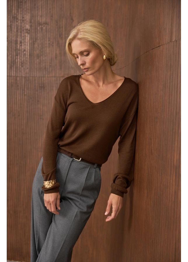 Коричневый демисезонный легкий полупрозрачный джемпер из вискозы и хлопка (2907) Triko Bakh