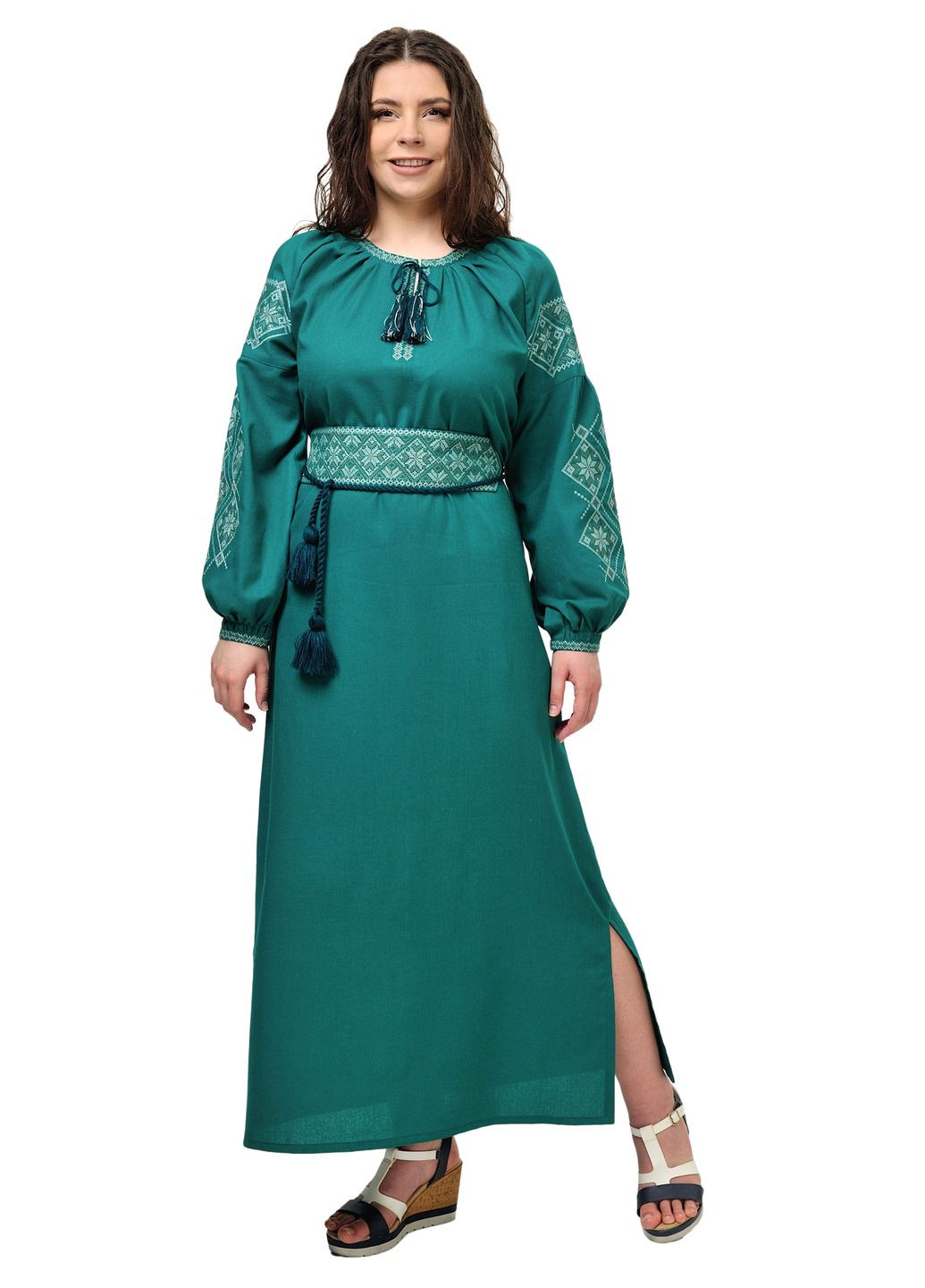 Изумрудная платье-вышиванка соломия (изумрудный) Golfstream свободная лен (294909106)