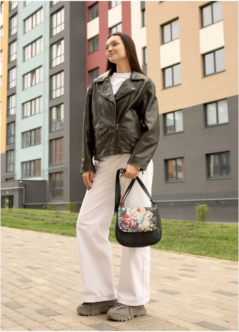 Жіноча сумка кросбоді через плече з екошкіри Чорна з квітковим принтом (938024720) Sambag (360965572)