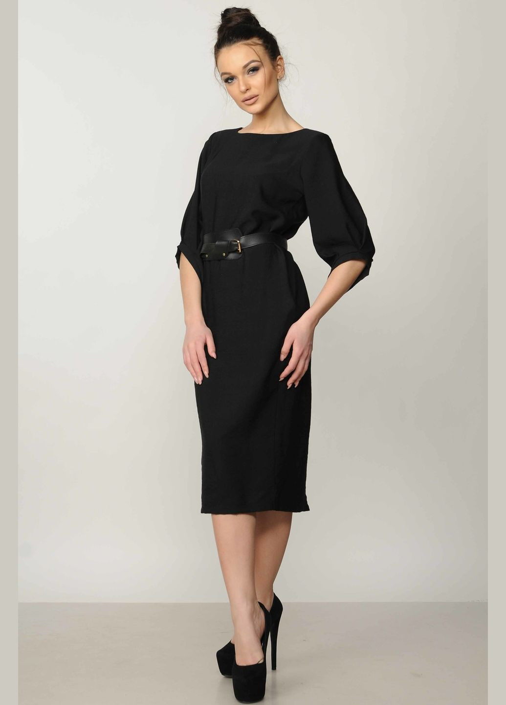 Черное повседневный свободное платье меди с асимметричным рукавом 3/4 и карманами создано из искусственного льна (пл 14.1-06/18) RiMari