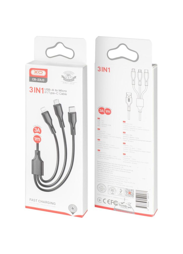 Дата кабеля USB 2.0 AM to Lightning + Micro 5P + USB-C 3A (m500297) XO USB 2.0 AM to Lightning + Micro 5P + USB-C 3A blac (367071006)