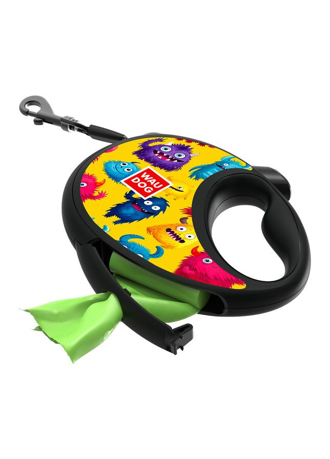 Повідець-рулетка для собак R-leash з контейнером для пакетів, малюнок "Мохнаті монстри", світловідбивна стрічка,, до 40 кг, 5 м WAUDOG (326836500)