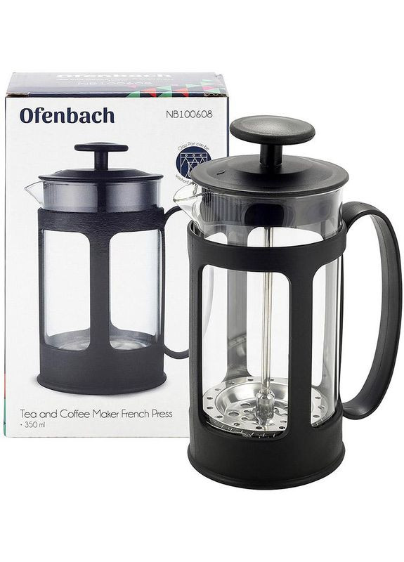 Френч-прес 350мл чорний для заварювання кави та чаю з термостійким склом та пластиковою ручкою Ofenbach (368991317)